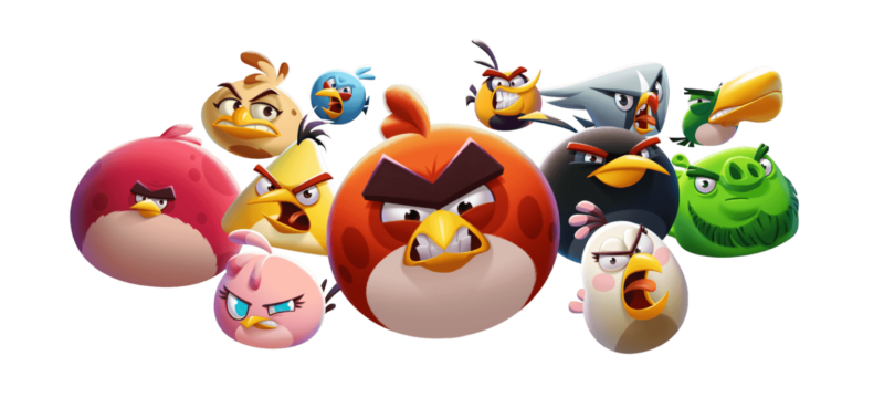 A vibrant illustration of Angry Birds 2 characters, including Red, Chuck, and Bomb.