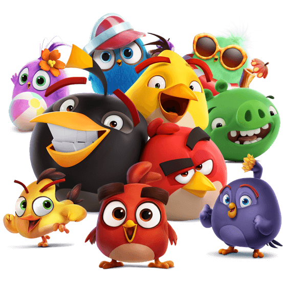 A vibrant illustration of Angry Birds 2 characters, including Red, Chuck, and Bomb.