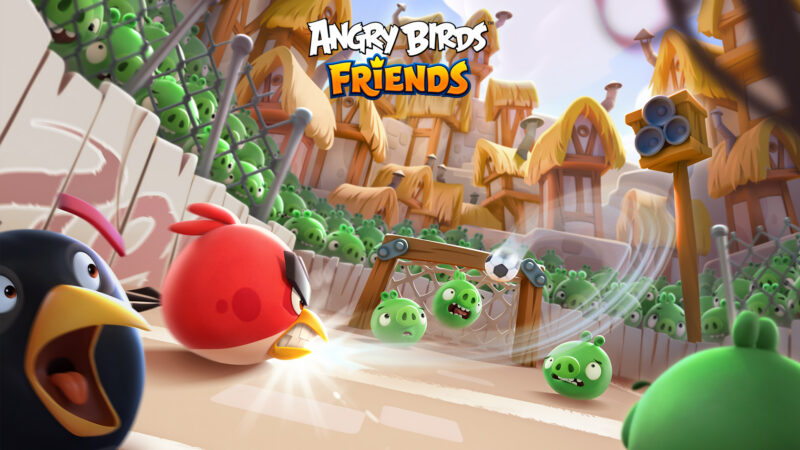 Red is making a soccer goal in Pig City, located on Piggy Island - Angry Birds Friends
