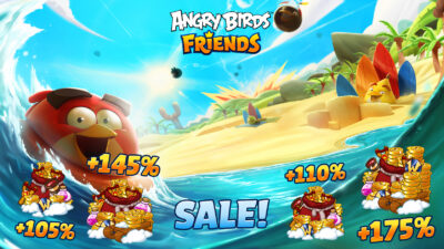 Summer Sale in Angry Birds Friends. The Flock is back to South Beach on Piggy Island, enjoying hot summer vibes and surfing.
